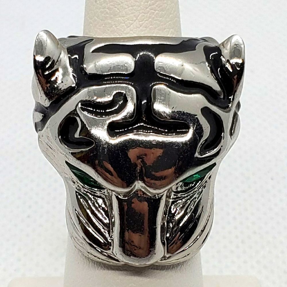 Silver, Black, & Green Tiger Head Ring